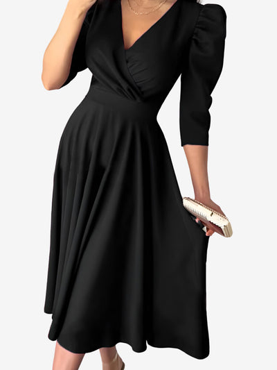 Solid Color V-Neck Puff Sleeve A-Line Midi Dress