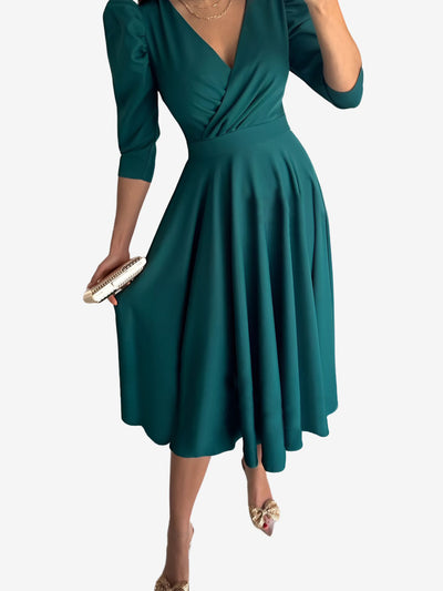 Solid Color V-Neck Puff Sleeve A-Line Midi Dress