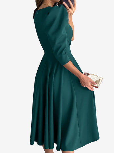 Solid Color V-Neck Puff Sleeve A-Line Midi Dress