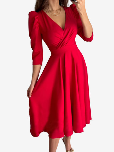 Solid Color V-Neck Puff Sleeve A-Line Midi Dress