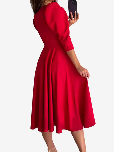 Solid Color V-Neck Puff Sleeve A-Line Midi Dress