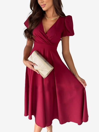 Solid Color V Neck Puff Short Sleeve Midi Dress