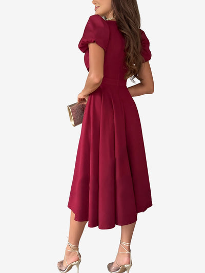 Solid Color V Neck Puff Short Sleeve Midi Dress