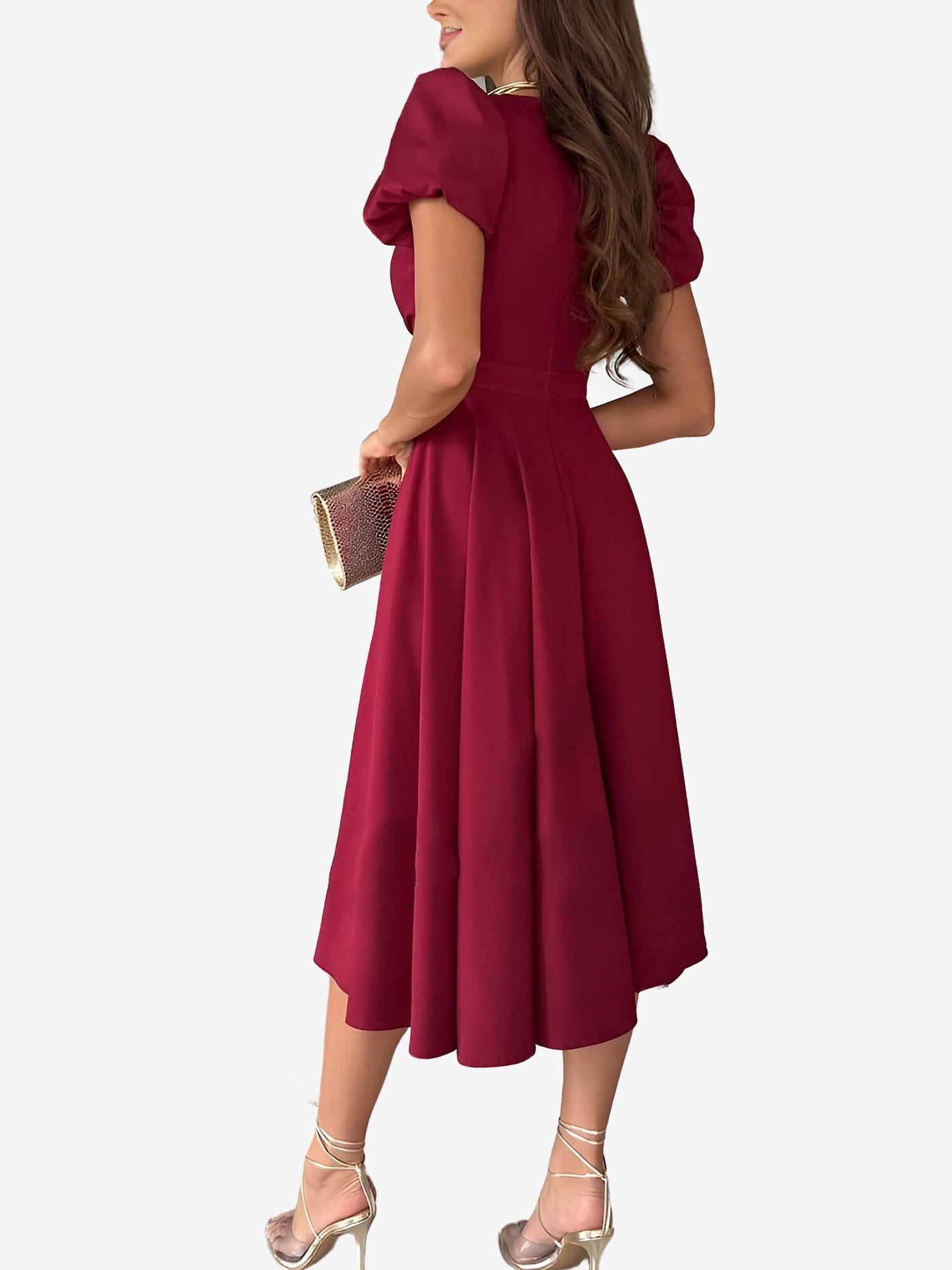 Allegra K Solid Color V Neck Puff Short Sleeve Midi Dress