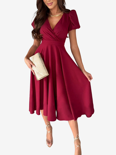 Solid Color V Neck Puff Short Sleeve Midi Dress