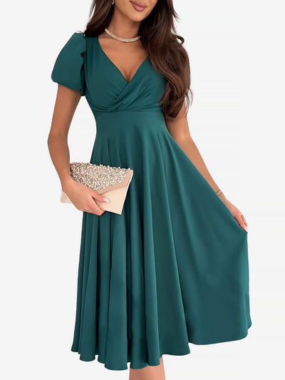 Solid Color V Neck Puff Short Sleeve Midi Dress