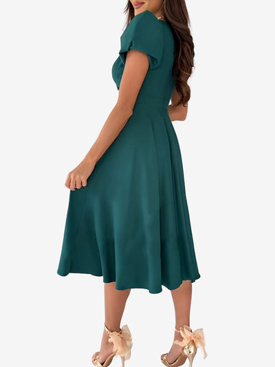 Solid Color V Neck Puff Short Sleeve Midi Dress