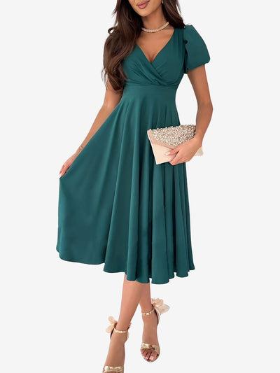 Solid Color V Neck Puff Short Sleeve Midi Dress