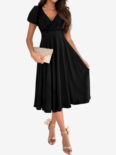 Solid Color V Neck Puff Short Sleeve Midi Dress