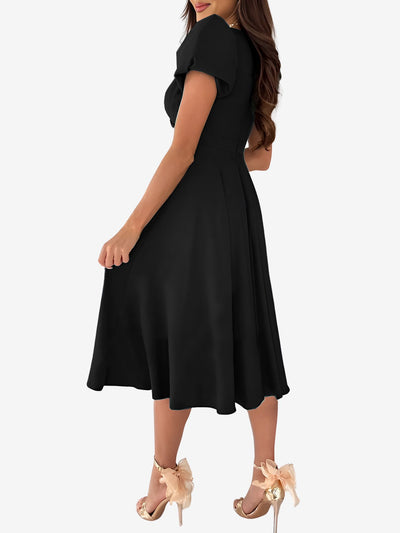 Solid Color V Neck Puff Short Sleeve Midi Dress