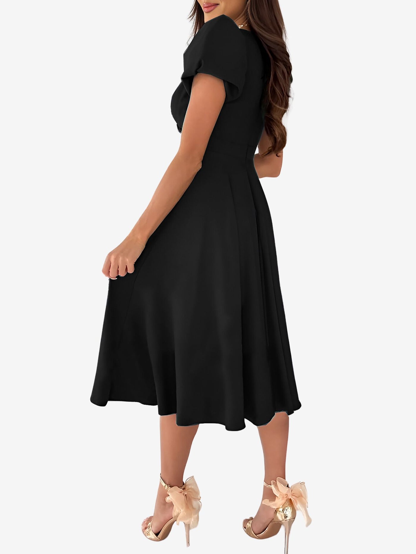 Allegra K Solid Color V Neck Puff Short Sleeve Midi Dress