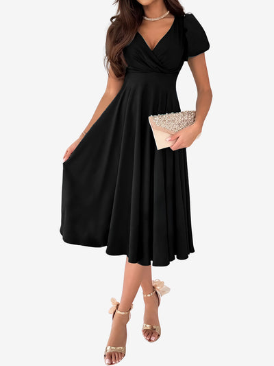 Solid Color V Neck Puff Short Sleeve Midi Dress