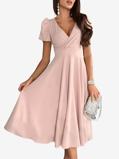 Solid Color V Neck Puff Short Sleeve Midi Dress