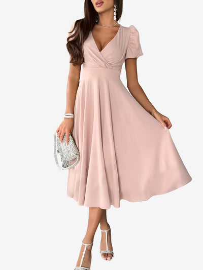 Solid Color V Neck Puff Short Sleeve Midi Dress