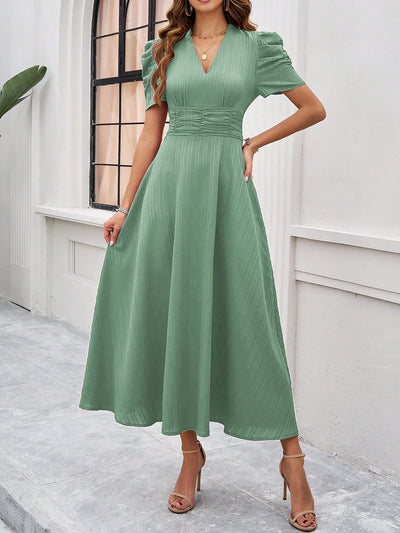 Textured Puff Short Sleeves Ruched Midi A-Line Dress