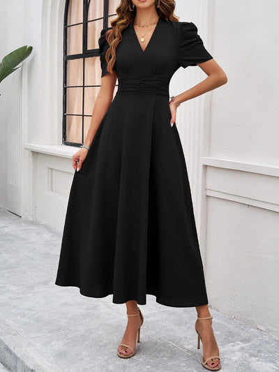 Textured Puff Short Sleeves Ruched Midi A-Line Dress