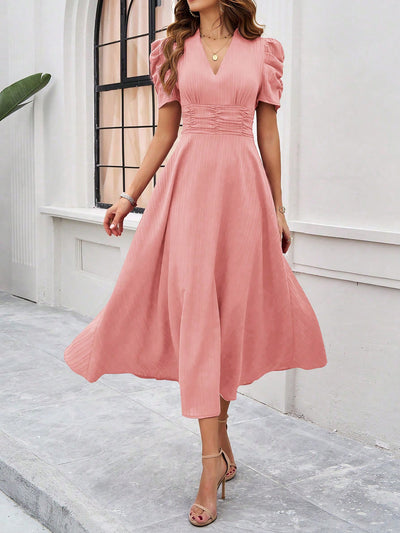 Textured Puff Short Sleeves Ruched Midi A-Line Dress