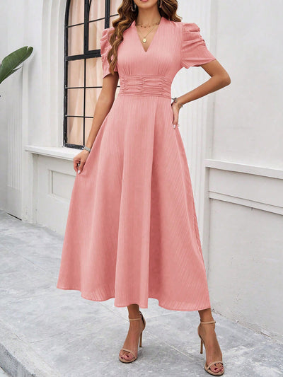 Textured Puff Short Sleeves Ruched Midi A-Line Dress