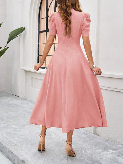 Textured Puff Short Sleeves Ruched Midi A-Line Dress