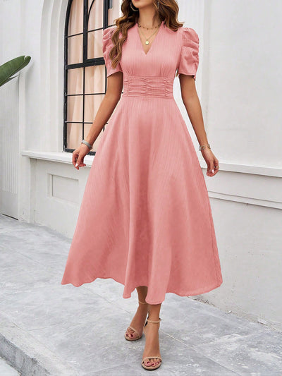 Textured Puff Short Sleeves Ruched Midi A-Line Dress