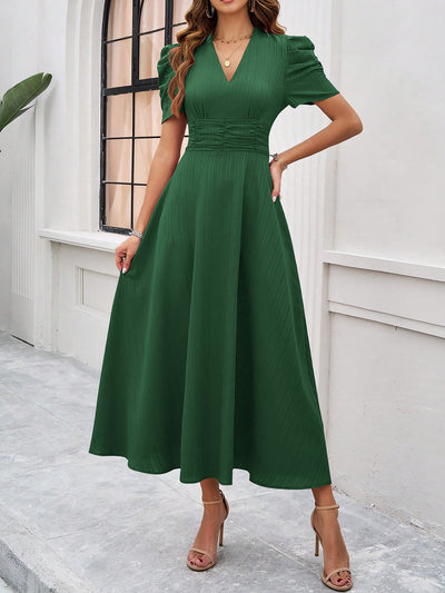 Textured Puff Short Sleeves Ruched Midi A-Line Dress