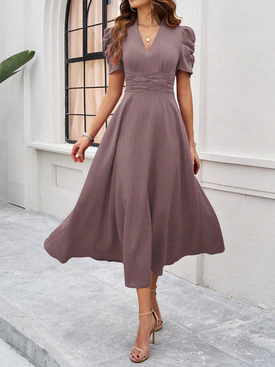 Textured Puff Short Sleeves Ruched Midi A-Line Dress