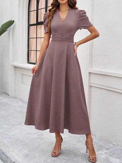 Textured Puff Short Sleeves Ruched Midi A-Line Dress