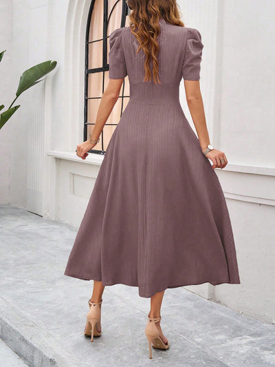 Textured Puff Short Sleeves Ruched Midi A-Line Dress