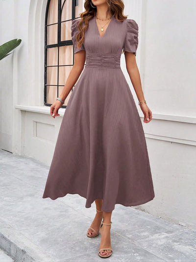 Textured Puff Short Sleeves Ruched Midi A-Line Dress