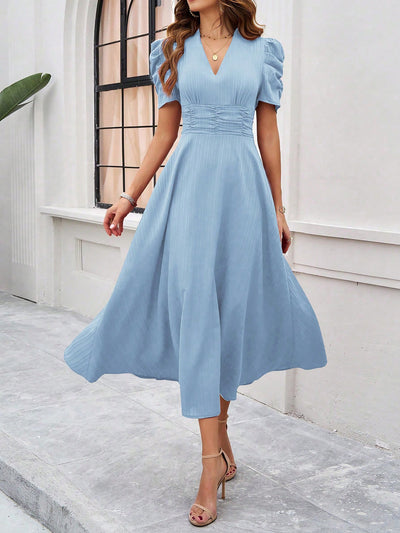 Textured Puff Short Sleeves Ruched Midi A-Line Dress