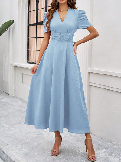 Textured Puff Short Sleeves Ruched Midi A-Line Dress