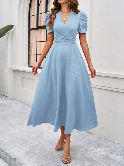 Textured Puff Short Sleeves Ruched Midi A-Line Dress