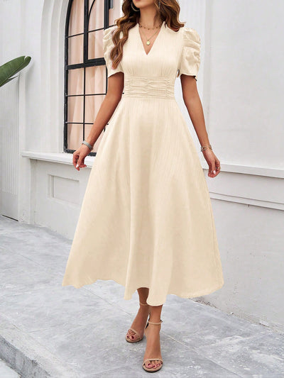 Textured Puff Short Sleeves Ruched Midi A-Line Dress