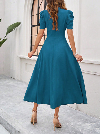 Textured Puff Short Sleeves Ruched Midi A-Line Dress