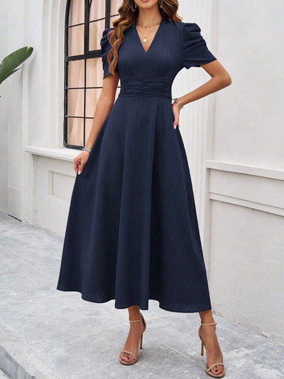 Textured Puff Short Sleeves Ruched Midi A-Line Dress