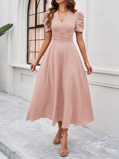 Textured Puff Short Sleeves Ruched Midi A-Line Dress