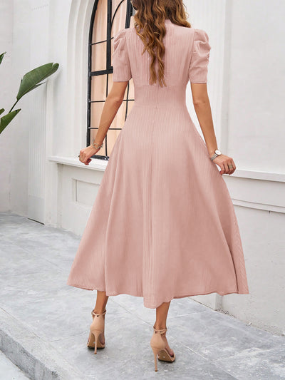 Textured Puff Short Sleeves Ruched Midi A-Line Dress