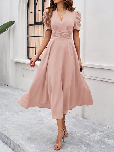 Textured Puff Short Sleeves Ruched Midi A-Line Dress