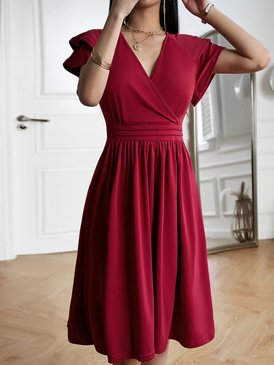 Solid Color V Neck Ruffled Sleeve Midi Dress