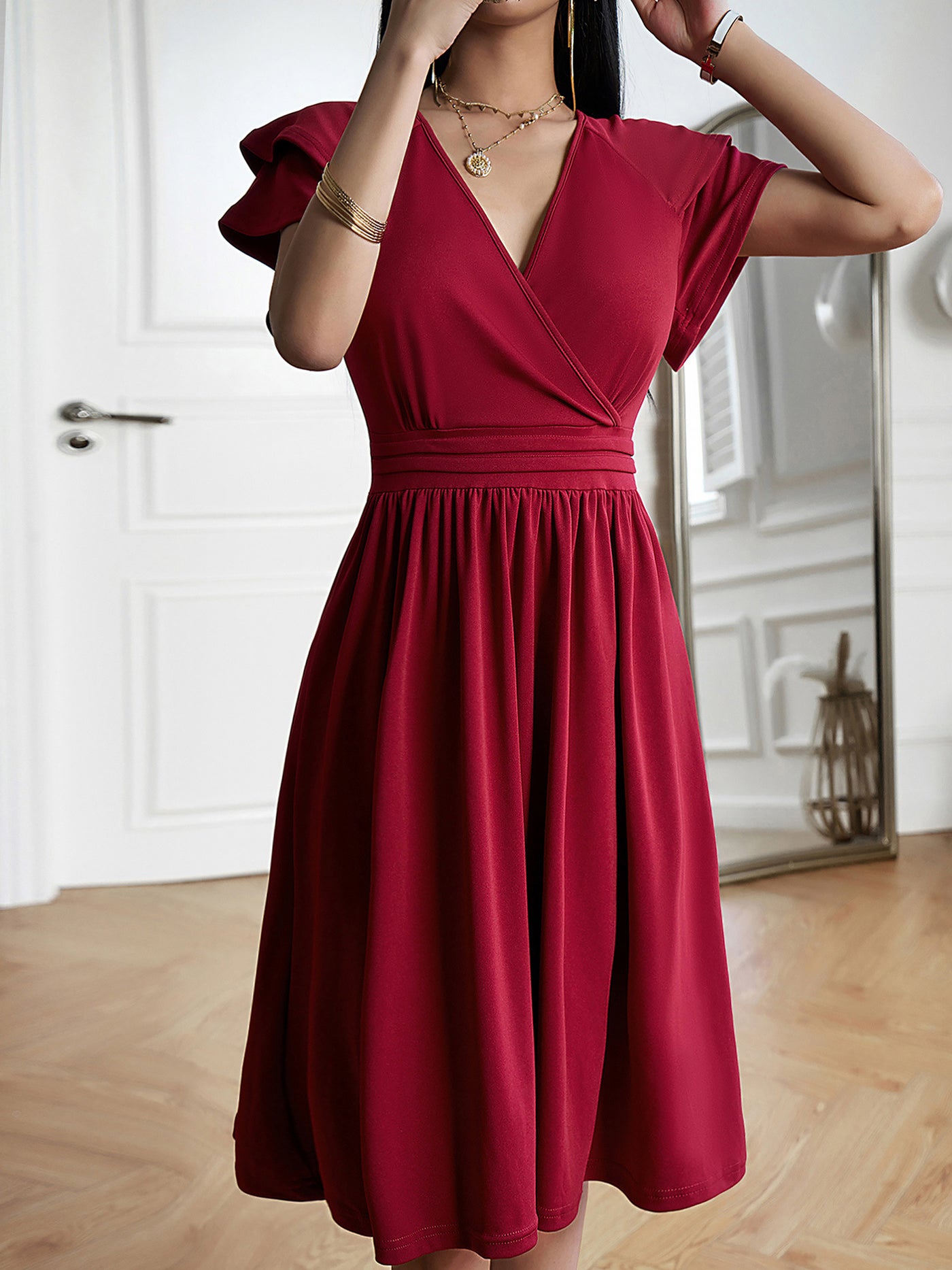 Allegra K Solid Color V Neck Ruffled Sleeve Midi Dress