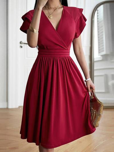 Allegra K Solid Color V Neck Ruffled Sleeve Midi Dress