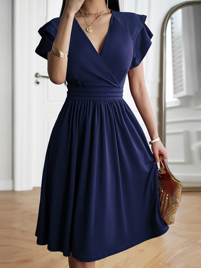 Solid Color V Neck Ruffled Sleeve Midi Dress