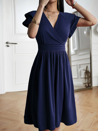 Solid Color V Neck Ruffled Sleeve Midi Dress