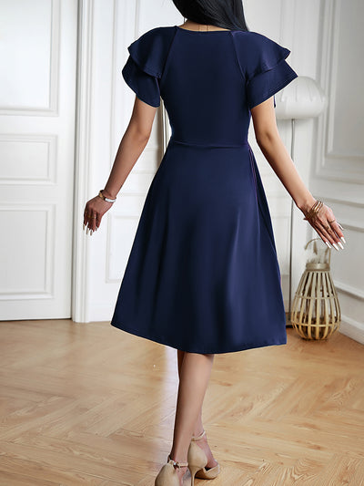 Solid Color V Neck Ruffled Sleeve Midi Dress