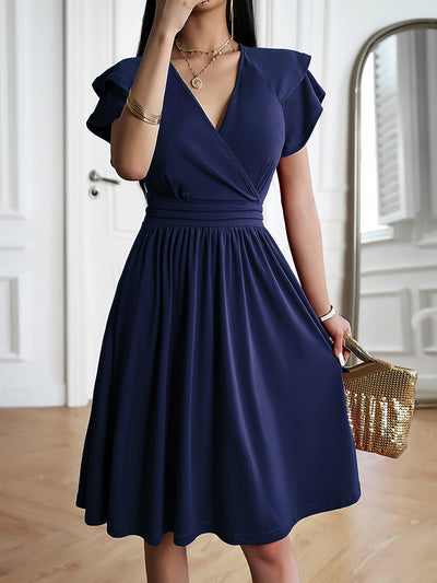 Solid Color V Neck Ruffled Sleeve Midi Dress