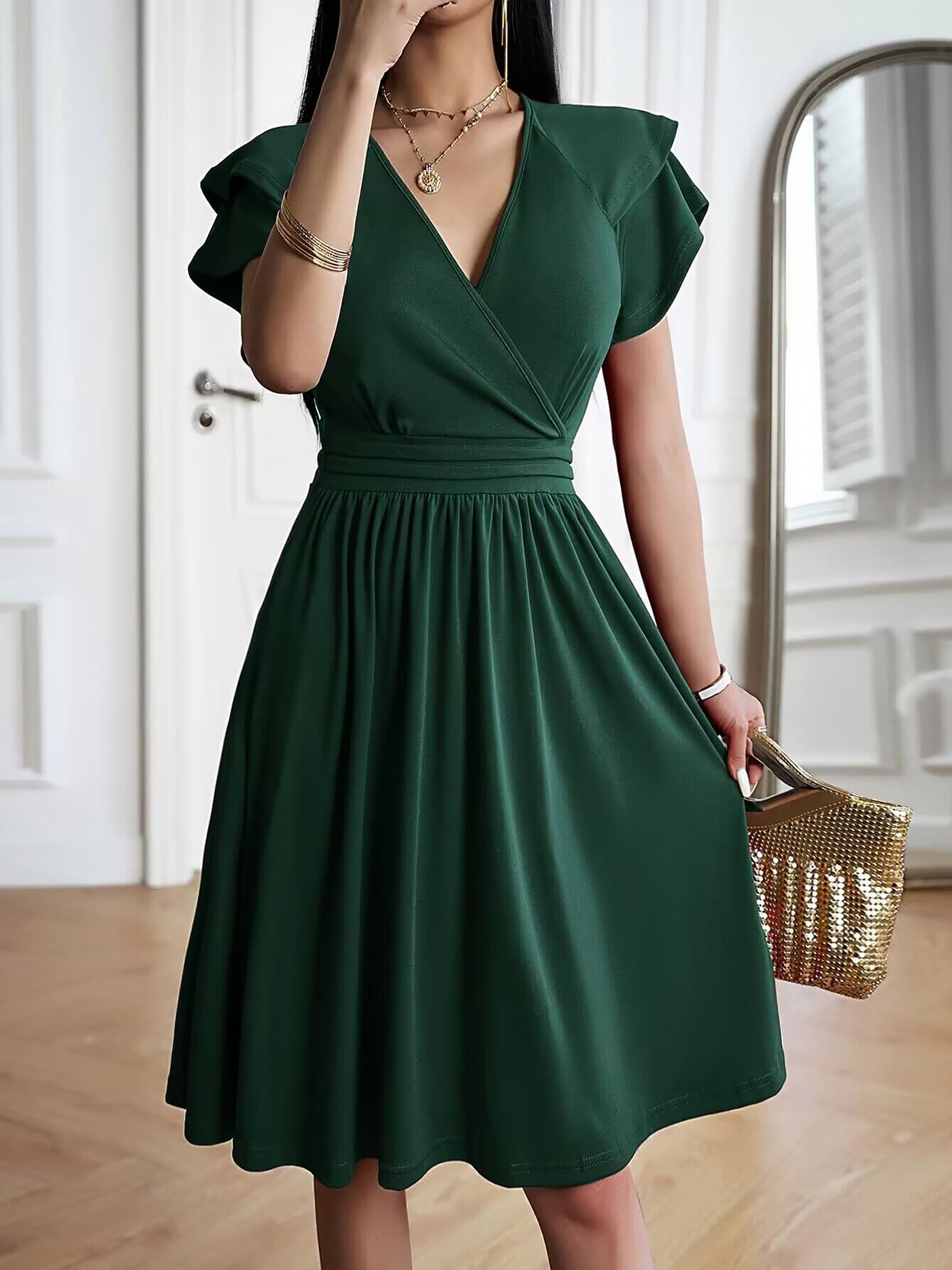 Allegra K Solid Color V Neck Ruffled Sleeve Midi Dress