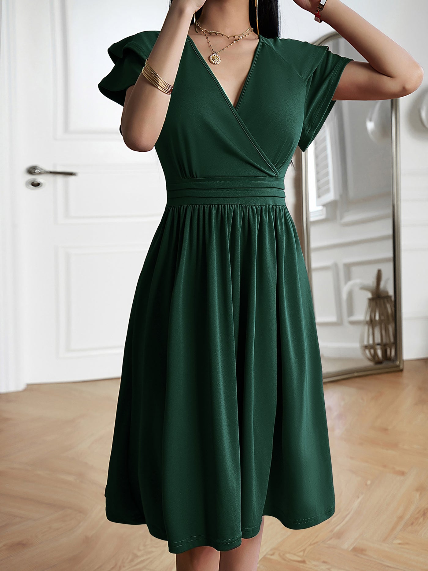 Allegra K Solid Color V Neck Ruffled Sleeve Midi Dress