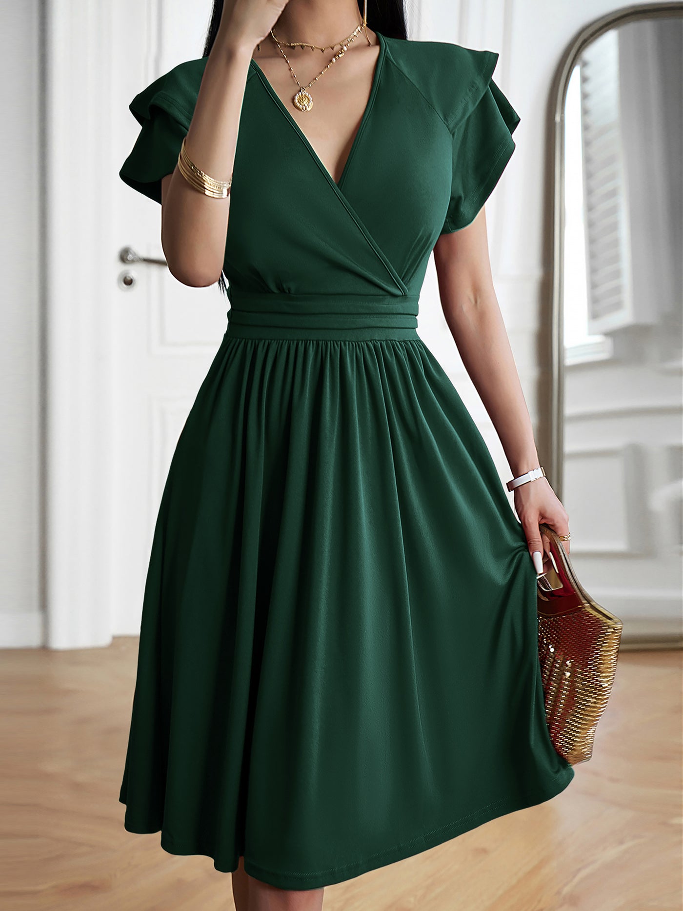 Allegra K Solid Color V Neck Ruffled Sleeve Midi Dress