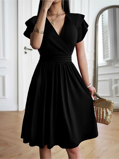 Solid Color V Neck Ruffled Sleeve Midi Dress