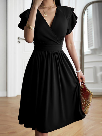 Solid Color V Neck Ruffled Sleeve Midi Dress